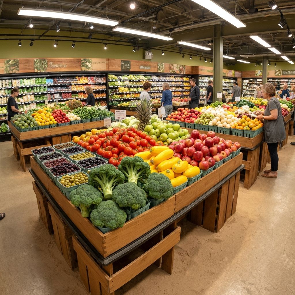 Lebendige Marktszene mit frischen Produkten und bewusster Auswahl